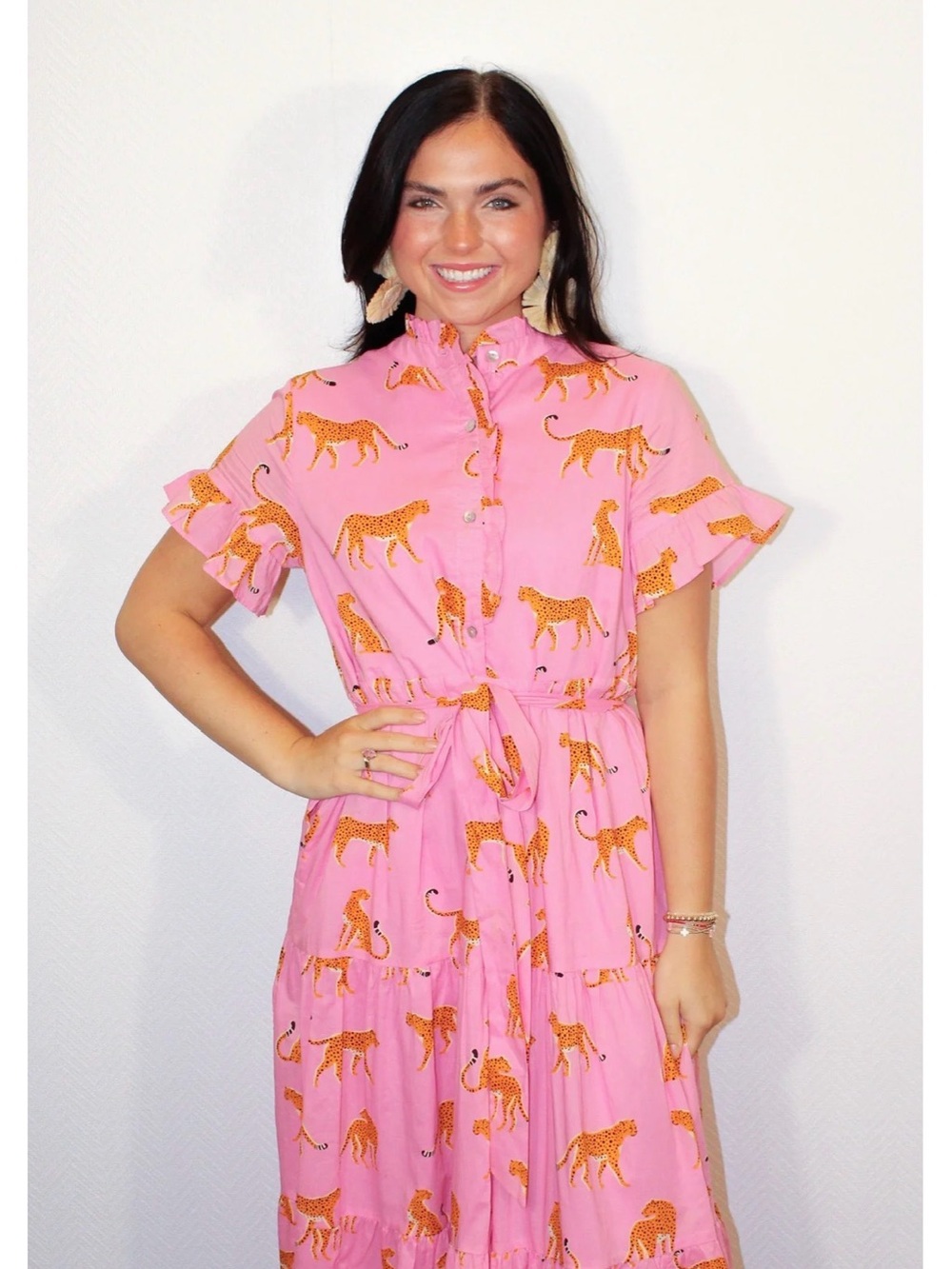 Pink Cheetah Print Tie-Waist Midi Dress